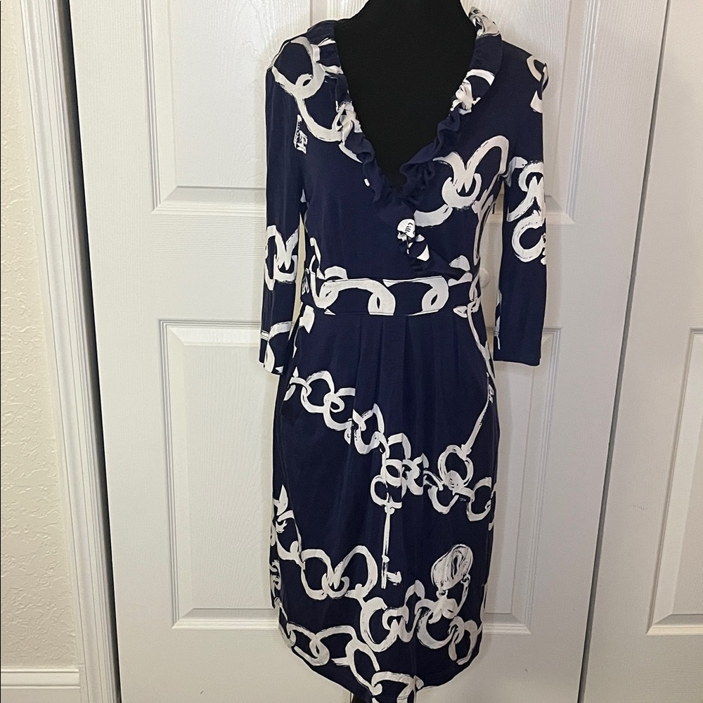 Lilly Pulitzer Blayney Navy White Chain Faux Wrap Dress Silk Blend Pockets XS